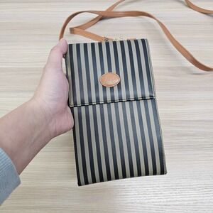 Crossbody Wallet Bag Women VTG 90s Black Taupe Striped Phone Holder ALLAN EDWARD